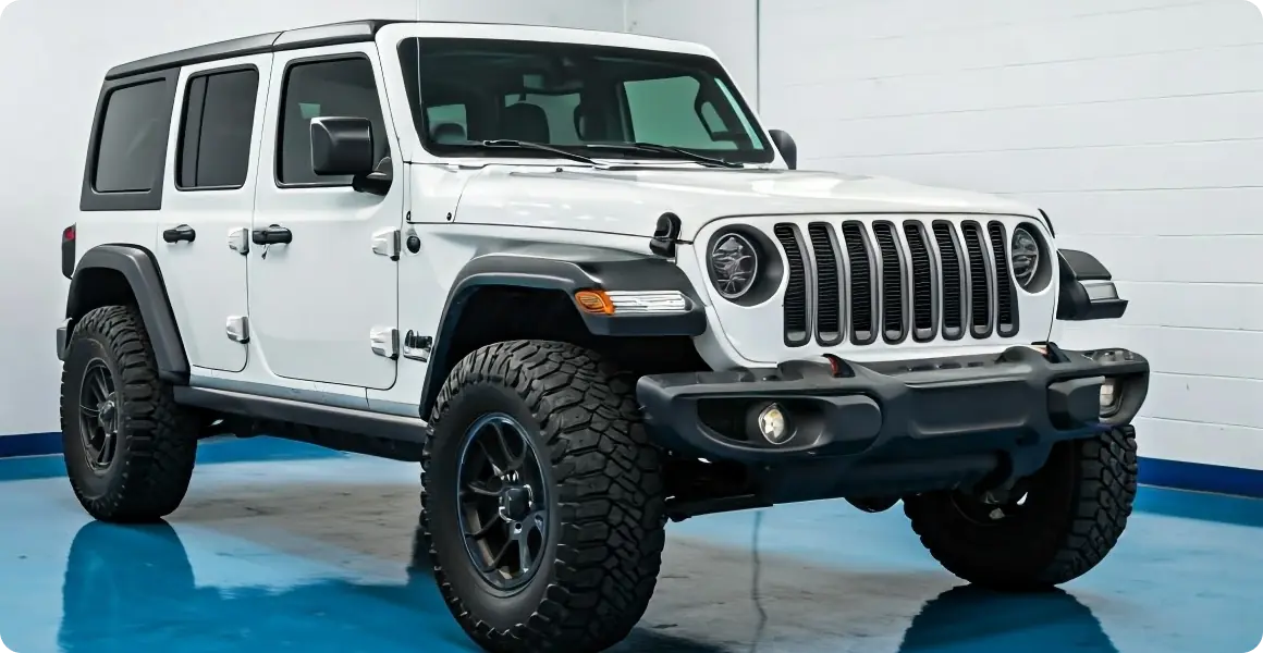 White rugged SUV with off-road tires.