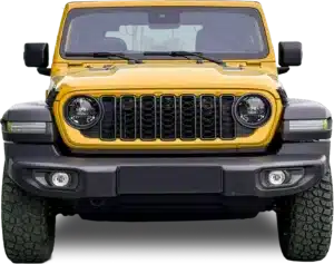 Yellow Jeep with aggressive front design.