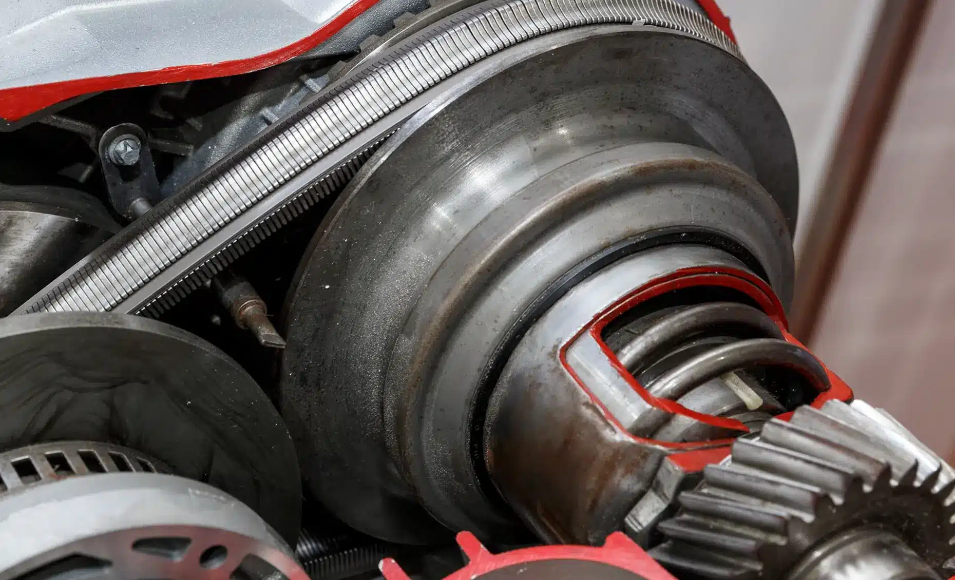 Transmission services in Albuquerque, NM by Albuquerque Auto Repair and Tire. Image of an exposed transmission component with gears and belts, emphasizing precision and performance.