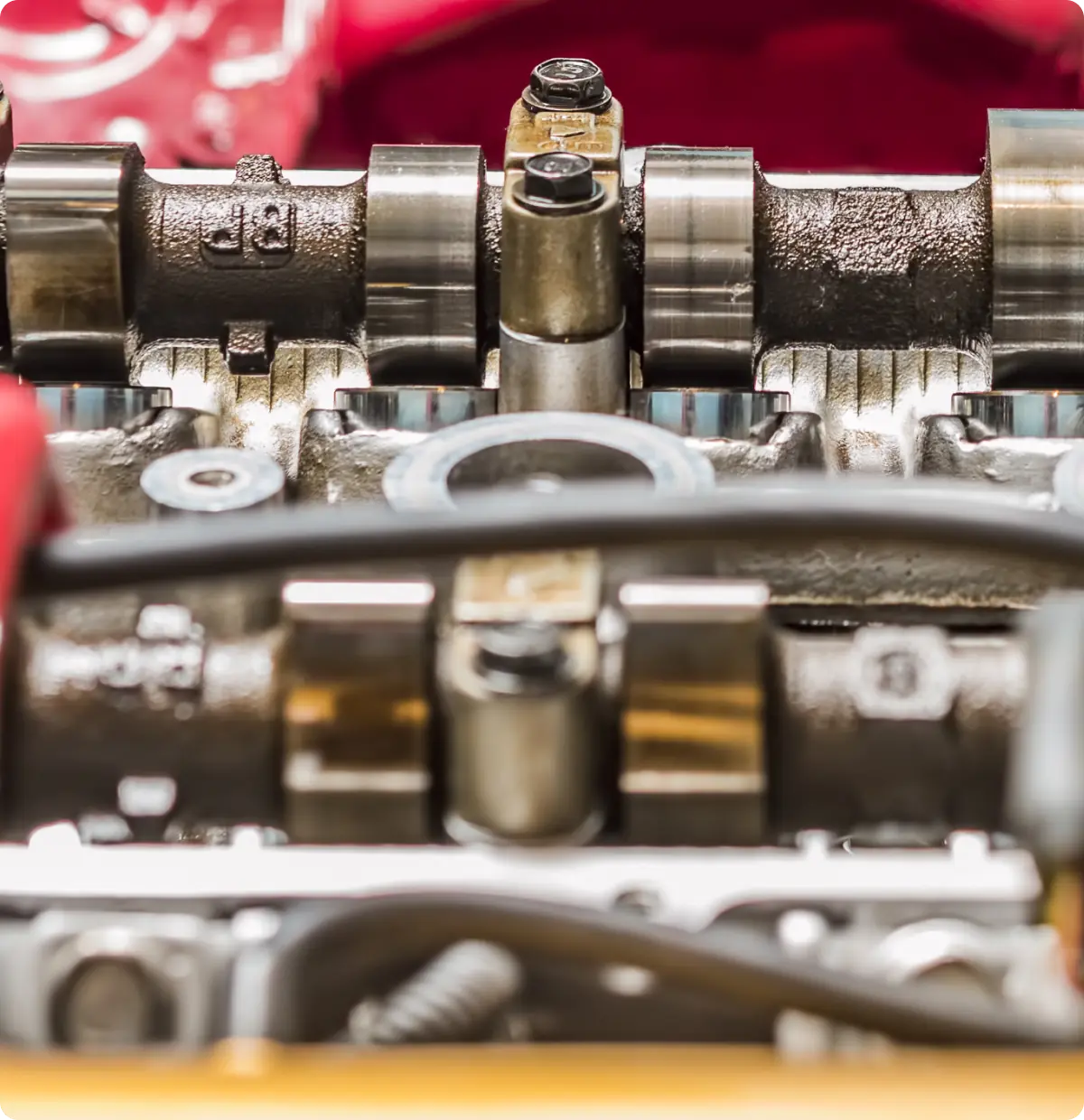 Close-up of engine camshaft components.