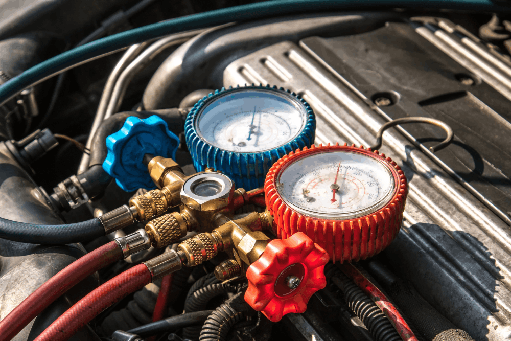 Auto a/c repair in Albuquerque, NM by Albuquerque Auto Repair & Tire. Image of manifold gauge set measuring refrigerant pressure, ensuring accurate diagnostics, optimal cooling performance, and reliable climate control for your vehicle.